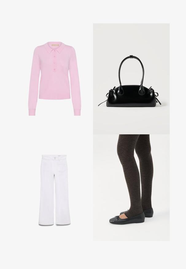 Rosa strikket langærmet polo sweater med krave, der har en fem-knaps placket og ribbet kant. Blød tekstur, tætsiddende design.; Hvide bukser med høj talje og vide ben, frontlommer med påsyede lapper, bæltestropper og dobbelte knapperlukning på ens hvid baggrund.; Ben iført mørke ribbede leggings kombineret med sorte balletsko med små sløjfedetaljer på hvid baggrund.; Lille sort blank håndtaske med to lange håndtag og snøre-detaljer i siden på en ensfarvet lys baggrund.