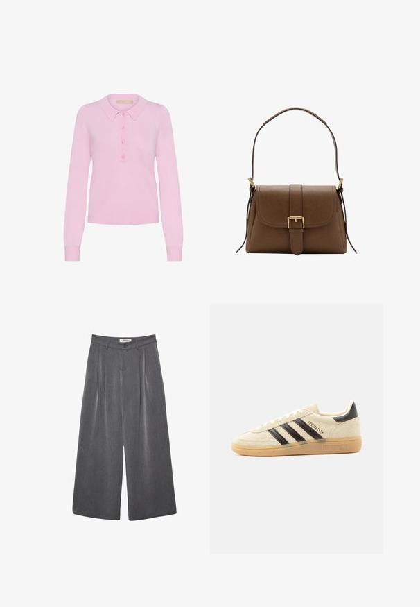 Rosa strikket langærmet polo sweater med krave, der har en fem-knaps placket og ribbet kant. Blød tekstur, tætsiddende design.; Grå vidde bukser med læg, lavet af blødt stof. Har knaplukning og en skræddersyet linning.; Kremfarvet ruskindssneaker med sorte striber, gummisål, sort hælstrop og gyldent "SPEZIAL"-tekst på siden.; Brun skuldertaske i læder med frontklaffelukning og guldlås, med justerbar rem med gulddetaljer på hvid baggrund.