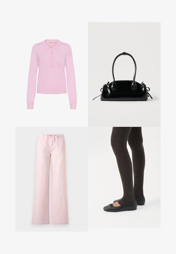Suéter de polo de manga larga tejido en rosa con cuello, que presenta una tapeta de cinco botones y un dobladillo acanalado. Textura suave, diseño ajustado.; Pantalones anchos de color rosa claro con bolsillos delanteros de parche, cierre con botones y cordón en la cintura, mostrados sobre un fondo blanco.; Piernas con leggings oscuros acanalados combinados con bailarinas negras que presentan pequeños detalles de lazo sobre un fondo blanco.; Pequeño bolso negro brillante con dos asas largas y detalles de cordón lateral sobre un fondo claro liso.
