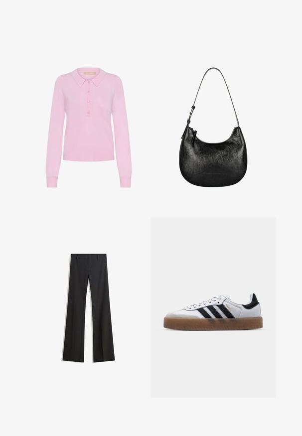 Roze gebreide lange mouw polo trui met een kraag, voorzien van een knoopsluiting met vijf knopen en een ribgebreide zoom. Zachte textuur, aansluitend ontwerp.; Zwarte, uitlopende broek met een gladde textuur, voorzien van een getailleerde pasvorm en een tailleband. Geen zichtbare patronen of versieringen.; Witte leren sneakers met zwarte strepen, gumrubberen buitenzool, ronde neus, vetersluiting en een zachte grijze suède neuskap.; Zwarte leren handtas met een gladde, gestructureerde afwerking, ronde vorm en een enkele schouderriem. Voorzien van een ritssluiting.