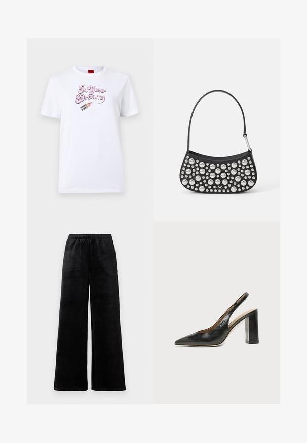 Weißes Baumwoll-T-Shirt mit dem Spruch "In Your Dreams" in rosa Schrift und einer Grafik eines Lippenstiftes mit rosanen Akzenten.; Schwarze weit geschnittene Hosen aus weichem Stoff, mit einem elastischen Bund und einer glatten Textur. Einfaches Design ohne Muster oder Akzente.; Schwarzer Leder-Slingback-Schuh mit spitzer Kappe, hohem Blockabsatz und beigegefüttertem Innenraum vor hellem, einfarbigem Hintergrund.; Schwarze Lederhandtasche mit geschwungener Form, verziert mit silbernen Nieten in verschiedenen Größen und einem kurzen Tragegurt. "HUGO"-Logo auf der Vorderseite aufgedruckt.