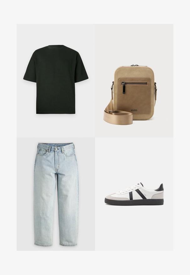 Donkergroene t-shirt met korte mouwen en een ronde hals. Gemaakt van zacht materiaal, met een relaxed fit en zonder zichtbare patronen of accenten.; Lichtblauwe denim jeans met een rechtBeen, vijf zakken en een knoopsluiting; heeft vervaagde gebieden en subtiele stikdetails.; Witte sneaker met zwarte en grijze accenten, voorzien van een grijze neus met textuur, zwarte rubberen zool en platte witte veters. Schoon ontwerp, minimalistische stijl.; Kleine beige crossbodytas met een voorvak met ritssluiting, metalen ALDO-logo, verstelbare brede band en afgeronde rechthoekige vorm op een witte achtergrond.