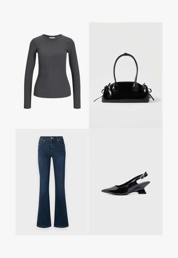 Langærmet, ribbet top i mørkegrå. Har en rund halsudskæring og tætsiddende silhuet. Fremstillet af et strækbart stof for komfort.; Mørkeblå denimjeans med mellemhøj talje, fem-lomme stil og vide bukseben, vist fladt mod en hvid baggrund.; Sort laklæder slingback sko med spids tå og lav vinklet blokhæl på ensartet lys baggrund.; Lille sort blank håndtaske med to lange håndtag og snøre-detaljer i siden på en ensfarvet lys baggrund.