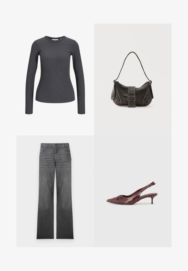 Langærmet, ribbet top i mørkegrå. Har en rund halsudskæring og tætsiddende silhuet. Fremstillet af et strækbart stof for komfort.; Grå denim brede ben jeans med en middel vask, der har design med fem lommer, frontknaplukning og diskrete sømdetaljer.; Bordeaux læder slingback hæl med spidse tå, justerbar rem og dekorativ sløjfedetalje foran. 7,5 cm hælhøjde.; Sort læder skuldertaske med spænde på remmen, afrundede kanter og kontrasterende hvide syninger på en ensfarvet baggrund.