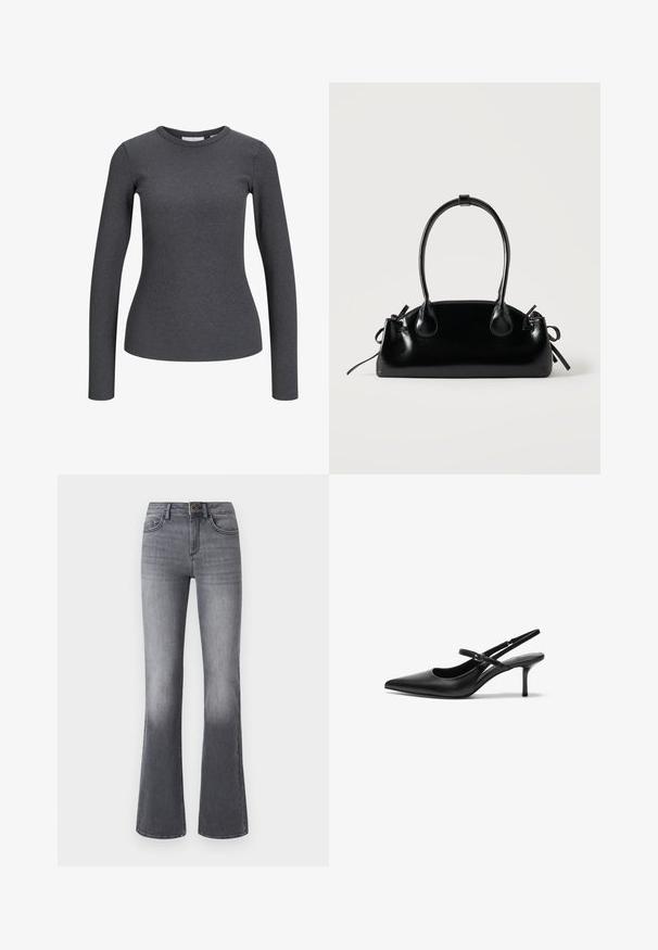 Langærmet, ribbet top i mørkegrå. Har en rund halsudskæring og tætsiddende silhuet. Fremstillet af et strækbart stof for komfort.; Højtaljede, brede jeans i mørkegråt denim med forlommer, knaplukning og subtilt falmede effekter mod kanten.; Sorte læder slingback hæle med spids tå, slank justerbar rem og en stiletto hæl på cirka 5 cm, glat tekstur.; Lille sort blank håndtaske med to lange håndtag og snøre-detaljer i siden på en ensfarvet lys baggrund.