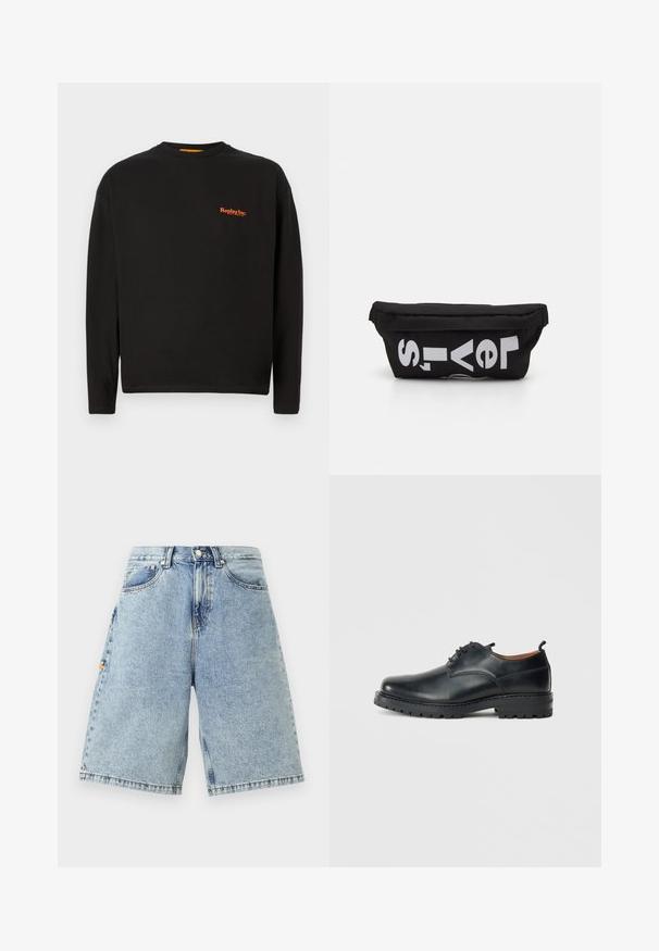 Camiseta negra de manga larga hecha de algodón, con un pequeño logo naranja de "Replay Inc." en el pecho, cuello redondo y ajuste estándar.; Pantalones cortos de denim azul con cintura alta, corte holgado, cinco bolsillos y detalles de costura visibles. Textura suave con un acabado de lavado claro.; Zapatos derby de cuero negro con una textura suave, punta redondeada, diseño de cordones y una suela de goma gruesa y resistente.; Bolsa de tela negra con forma plana, que presenta texto blanco en negrita. El cierre de cremallera se encuentra en la parte superior, con un detalle de asa en un lado.