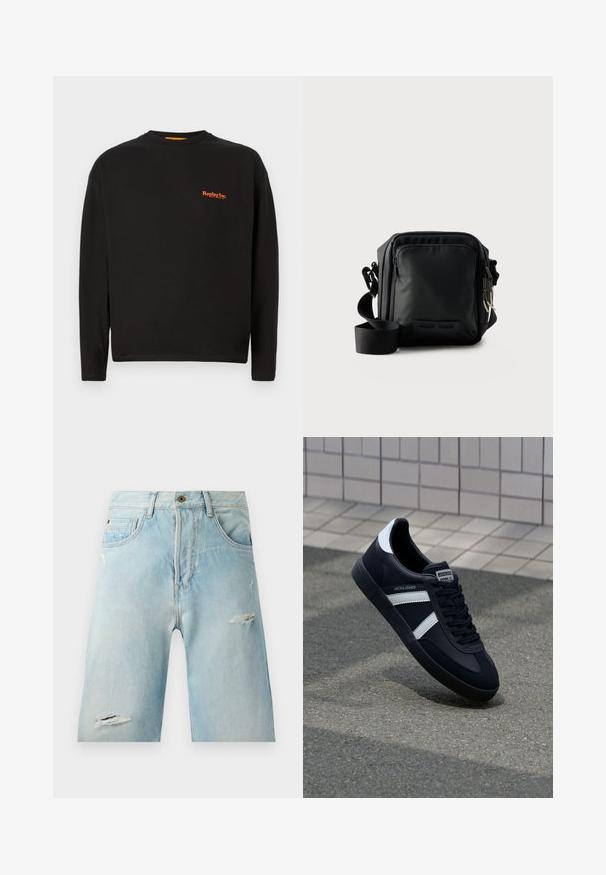 Zwarte lange mouwen t-shirt van katoen, met een klein oranje "Replay Inc." logo op de borst, een ronde halslijn en een standaard pasvorm.; Lichtblauwe spijkershorts met een relaxte fit, voorzien van distressed accenten, zijzakken en een enkele sluiting met bovenste knoop.; Zwarte leren sneaker met witte strepen, een gestructureerde rubberen zool en vetersluiting aan de voorkant. Voorzien van een merklabel op de tong.; Zwarte compacte crossbodytas met voorvak met rits, verstelbare riem en gestructureerde stof tegen een effen achtergrond.