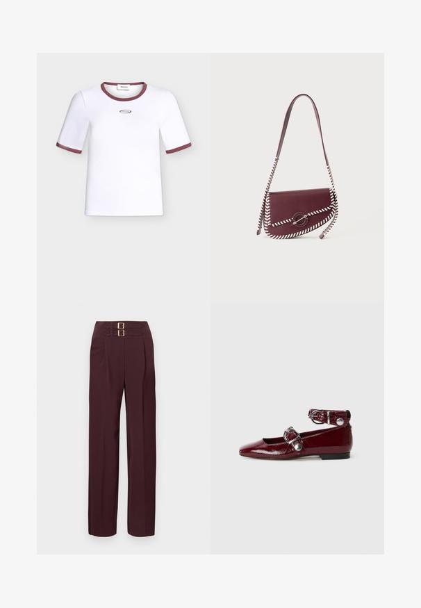 T-shirt blanc à manches courtes avec bordure bordeaux sur le col et les bords des manches, ornée d'un petit logo ovale avec texte sur la poitrine.; Pantalon taille haute de couleur bordeaux foncé avec deux sangles à boucle dorée en haut et une coupe droite.; Ballerines en cuir verni bordeaux avec un bout pointu, une bride de cheville avec une boucle en argent et un petit talon. Texture lisse sur l'ensemble.; Sac à bandoulière en cuir rouge foncé avec une finition point de fouet blanche et un fermoir métallique circulaire sur le rabat avant.