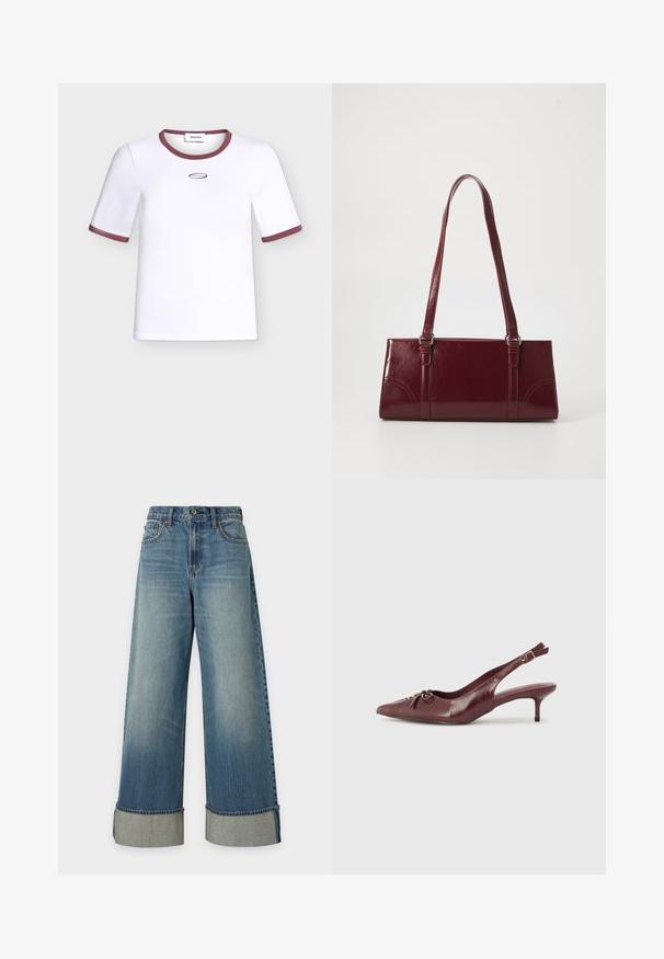 T-shirt blanc à manches courtes avec bordure bordeaux sur le col et les bords des manches, ornée d'un petit logo ovale avec texte sur la poitrine.; Jean en denim bleu à jambes larges, taille haute, bouton et fermeture éclair devant, poches et larges revers aux chevilles.; Talons slingback en cuir bordeaux avec un embout pointu, une sangle ajustable et un détail de nœud décoratif à l'avant. Hauteur du talon de 7,5 cm.; Sac à main bordeaux en matériau brillant, de forme rectangulaire, avec deux anses et des accents légèrement courbés à l'avant.