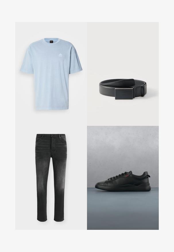 Lyseblå bomulds T-shirt med rund hals, korte ærmer og et lille hvidt logo på venstre brystområde. Blødt materiale og afslappet pasform.; Sorte skinny-fit jeans med falmede detaljer, fem-lomme-stil og knaplukning i taljen.; HUGO BLAKE - Sneakers - black; Sort læderbælte, snoet med en rektangulær mat sort spænde og diskret præget logo på hvid baggrund.