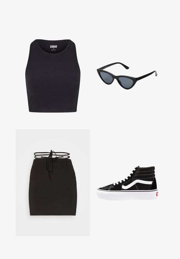 Μαύρο crop top από ριπ ύφασμα, με στρογγυλή λαιμόκοψη και φαρδιές τιράντες. Η ετικέτα αναφέρει "Urban Classics," μέγεθος S.; Noisy May NMCELESTE CHAIN DETAILS SKRIT - Μίνι φούστα - black; Μαύρα ψηλά αθλητικά παπούτσια με λευκές κορδόνες, λευκό λογότυπο και αντίθετη λευκή ραφή. Διαθέτουν παχιά λευκή σόλα και υφή από σουέντ.; Μαύρα γυαλιά ηλίου cat-eye με σκούρους γκρίζους φακούς, κομψό πλαστικό σκελετό, μυτερές γωνίες και ίσιους βραχίονες. Χωρίς ορατό υλικό ή διακοσμητικά στοιχεία.