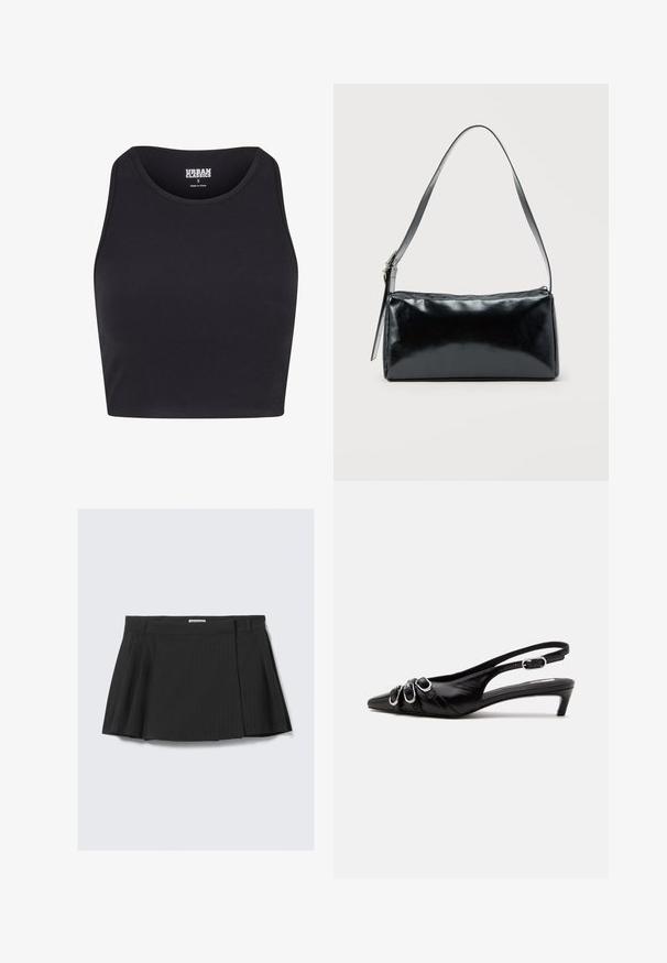 Μαύρο crop top από ριπ ύφασμα, με στρογγυλή λαιμόκοψη και φαρδιές τιράντες. Η ετικέτα αναφέρει "Urban Classics," μέγεθος S.; Μαύρη πλισέ φούστα με σχέδιο ρίγας, φτιαγμένη από υφασμάτινη ύλη με υφή και με ζωνάκι στη μέση, σχεδιασμένη για εφαρμοστό στυλ.; Μαύρο δερμάτινο παπούτσι slingback με μυτερή μύτη, τρεις ασημένιες αγκράφες μπροστά και χαμηλό τακούνι kitten σε λευκό φόντο.; Μαύρη ορθογώνια τσάντα ώμου με έναν ρυθμιζόμενο ιμάντα και κλείσιμο με φερμουάρ στην κορυφή σε μονόχρωμο φόντο.