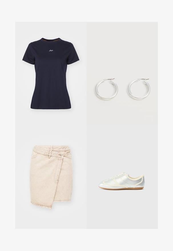 T-shirt en coton bleu marine avec un col rond, des manches courtes et un petit logo brodé blanc sur la poitrine. Texture lisse.; Jupe mini en denim beige au design enveloppé, dotée d'une fermeture à bouton, de coutures visibles et d'une texture légèrement usée.; Baskets synthétiques argentées avec accents crème, profil bas, bout arrondi et semelle en caoutchouc plate ; dotées de coutures classiques et d'une fermeture à lacets.; Paire de boucles d'oreilles créoles moyennes argentées brillantes avec de fines attaches métalliques sur un fond clair et neutre.
