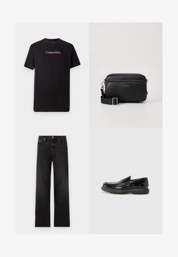 Sort kortærmet t-shirt lavet af bomuld, med et centralt Calvin Klein-logo i rød og hvid, med rund halsudskæring og afslappet pasform.; Sorte jeans med lige ben, fem-lomme design, bæltestropper og knaplukning, vist på en hvid baggrund.; Sort læderloafer med en blank finish, rund tå, subtile syninger og en tyk gummisål for holdbarhed.; Sort læder crossbody taske med to lynlåslommer, struktureret overflade, justerbar rem og sølvhardware detaljer. Calvin Klein-logoet er vist.