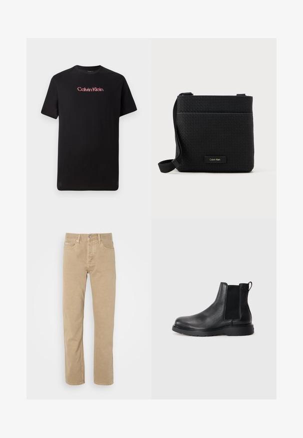Sort kortærmet t-shirt lavet af bomuld, med et centralt Calvin Klein-logo i rød og hvid, med rund halsudskæring og afslappet pasform.; Beige bomuldsbukser med lige ben, der har forlommer, knaplukning og diskrete syninger langs sømmene.; Sorte læder chelsea støvler med tekstureret finish, elastiske sidepaneler og en robust gummisål. Subtil branding på hælen.; Sort vævet crossover taske med justerbar rem, der har en frontlomme og et lille mærke. Glat, struktureret overflade.