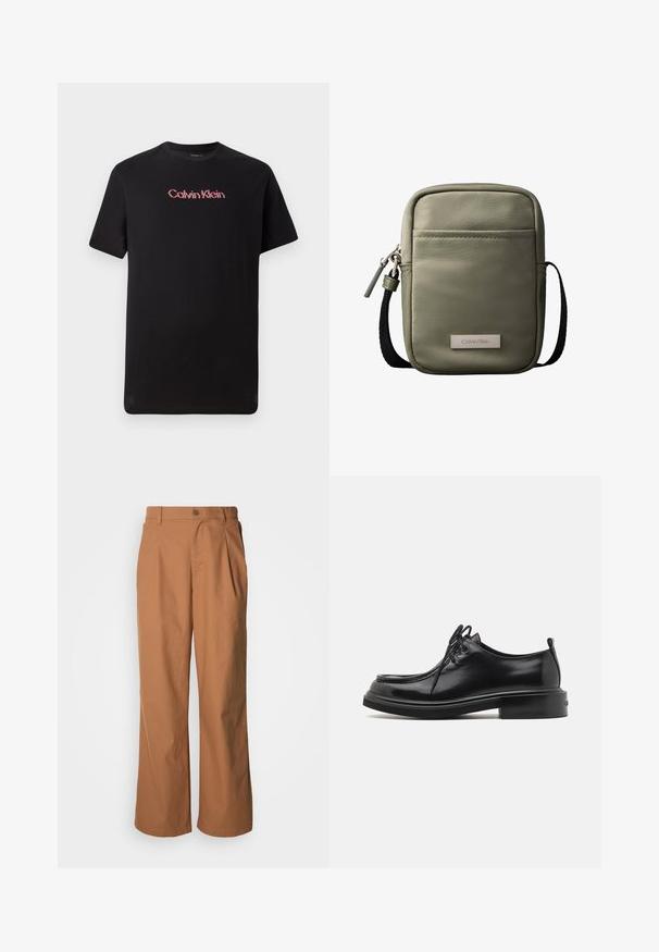 Sort kortærmet t-shirt lavet af bomuld, med et centralt Calvin Klein-logo i rød og hvid, med rund halsudskæring og afslappet pasform.; Bukser med vide ben i et varmt brunt stof, med frontknaplukning, diskrete folder og en lige pasform for en afslappet komfort.; Calvin Klein LACE UP APRON BRUSH OFF - Snøresko - black; Kompakt korsbodytaske i olivengrøn med forlomme, sort justerbar rem, lynlåslukning og Calvin Klein logo-plakette.
