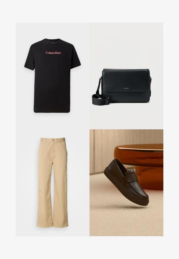 Sort kortærmet t-shirt lavet af bomuld, med et centralt Calvin Klein-logo i rød og hvid, med rund halsudskæring og afslappet pasform.; Beige, vidde bukser lavet af en bomuldsblanding. Har en knaplukning og bæltestropper. Glat tekstur med minimale syninger.; En enkelt mørkebrun læderloafer, der svæver over en cremefarvet tæppe med et rundt orange bord i baggrunden.; Sort læder messenger taske med tekstureret finish, justerbar rem og en frontklap med et diskret logo. Kompakt og rektangulær form.
