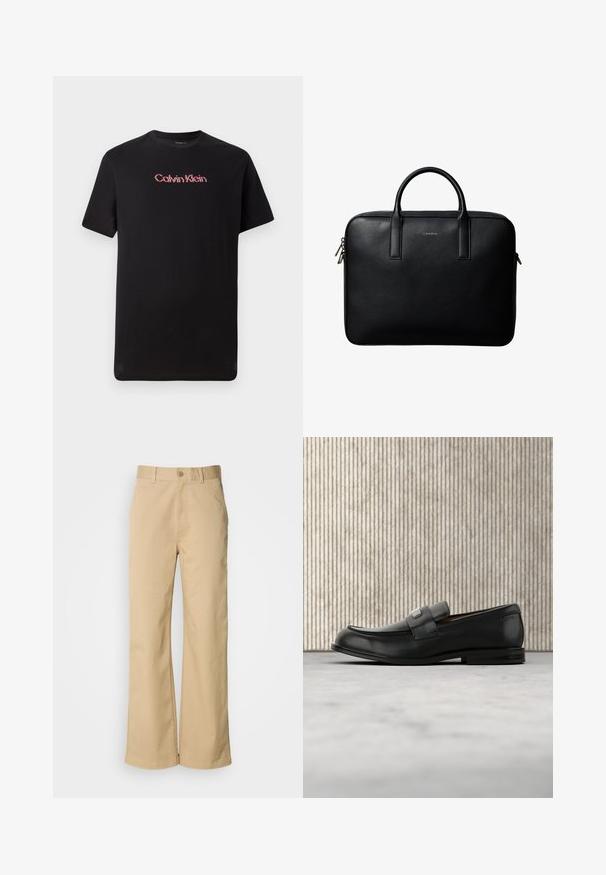 Camiseta de manga corta negra de algodón, con un logo central de Calvin Klein en rojo y blanco, con cuello redondo y corte relajado.; Pantalones beige de pierna ancha, hechos de una mezcla de algodón. Presentan un cierre de botón y trabillas para cinturón. Textura suave, con detalles de costura mínimos.; Mocasín de cuero negro con una placa metálica de marca apoyado cerca de una mesa redonda marrón sobre un suelo alfombrado beige.; Maletín de cuero negro texturizado con doble asa y tiradores de cremallera plateados, centrado sobre fondo blanco.