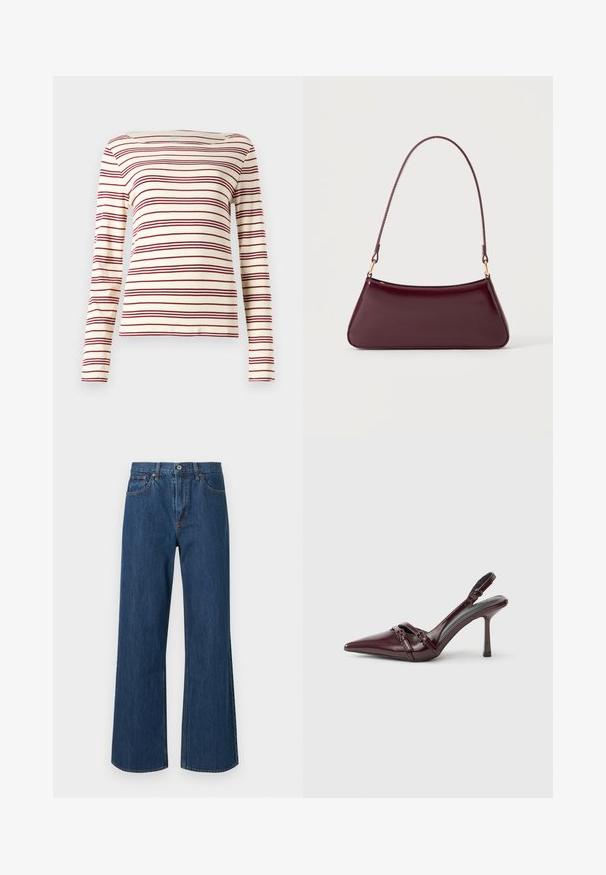 Langærmet top i creme med maroon vandrette striber; bådudskæring; blødt stof; tætsiddende design med let stræk.; Bredde denimjeans i mellemblå, med høj talje, frontlommer og subtile stikninger. Glat tekstur med afrundede bundkanter.; Bourgogne laklæder slingback-hæl med spids tå, tynd ankelrem og lille dekorativ spænde. Glat tekstur og høj hæl.; Mørk burgunderglans håndtaske med et enkelt tyndt håndtag og en elegant, trapezformet form på en ensartet lys baggrund.