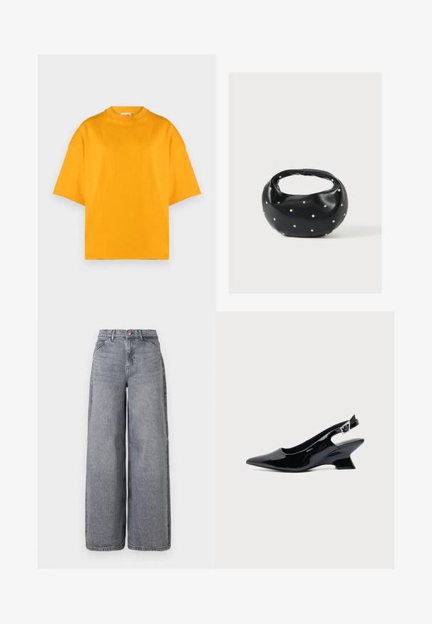 Gele oversized T-shirt van zacht materiaal, met een ronde hals en korte mouwen, afgewerkt in een gladde, effen kleur.; Wijde denim jeans in een vervaagde grijze was, met vijf zakken, een knoopsluiting en een zachte textuur met subtiele whiskerdetails.; Zwarte lakleren slingback schoen met spitse neus en lage schuine blokhak op een effen lichte achtergrond.; Zwarte leren handtas met een afgeronde vorm, versierd met zilveren studs, en een korte handgreep. Gladde textuur en ritsluiting.