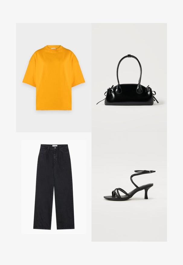 Gele oversized T-shirt van zacht materiaal, met een ronde hals en korte mouwen, afgewerkt in een gladde, effen kleur.; Zwarte high-waisted spijkerbroek met wijde pijpen, frontknopen en ritssluiting, ceintuurlussen en een vijf-pocket stijl.; Even&Odd Wide Fit by Zalando Sandalen - black; Kleine zwarte glanzende handtas met twee lange hengsels en zijkant trekkoord details op een effen lichte achtergrond.