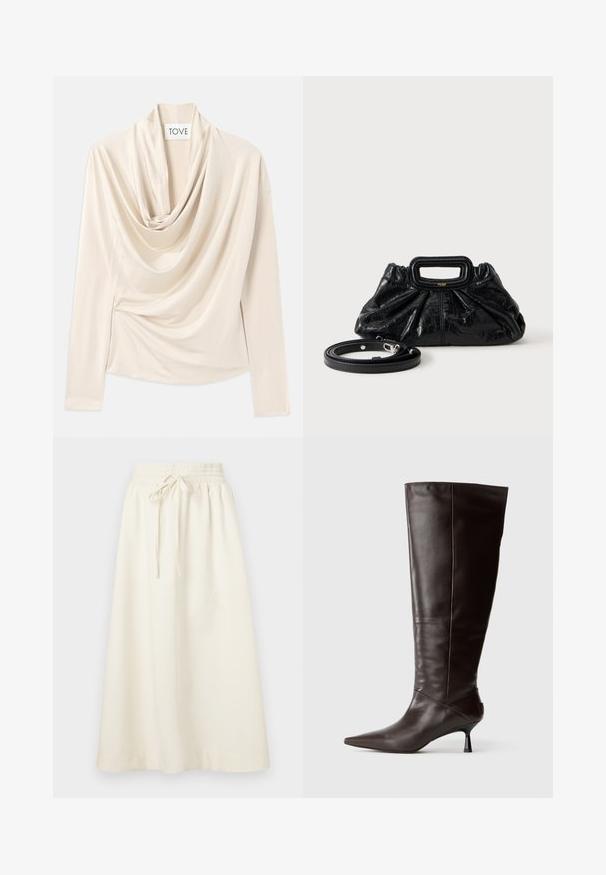 Bežový top s dlhými rukávmi, dizajnom s volánom na krku a jemnou, hladkou textúrou. Upevnený v páse s jemným zberaním.; Soulland MEIR SKIRT - Maxisukňa - white; Hnedá kožená vysoká čižma po kolená s špicatou špičkou a štíhlým podpätkom. Hladká štruktúra a elegantný dizajn, ktorý má minimalistickú siluetu.; Malá čierna kožená kabelka s nariasenou textúrou, obdĺžnikovou rukoväťou a odnímateľným tenkým ramenným popruhom položená vedľa nej.