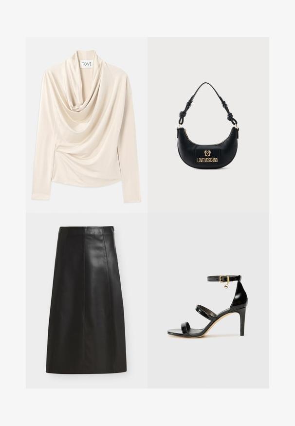 Haut beige drapé à manches longues, design à col drapé et texture douce et lisse. Maintenu à la taille avec des détails froncés subtils.; Jupe midi noire en ligne A avec détails de panneaux cousus et fermeture éclair latérale, présentée sur un fond blanc.; Sandale en cuir verni noir avec trois brides, boucle de cheville et talon aiguille de 10 cm. Présente un détail en métal doré et un charm logo.; Sac à main noir demi-lune avec poignée nouée et plaque logo dorée "Love Moschino" sur le devant, fermeture éclair en haut.