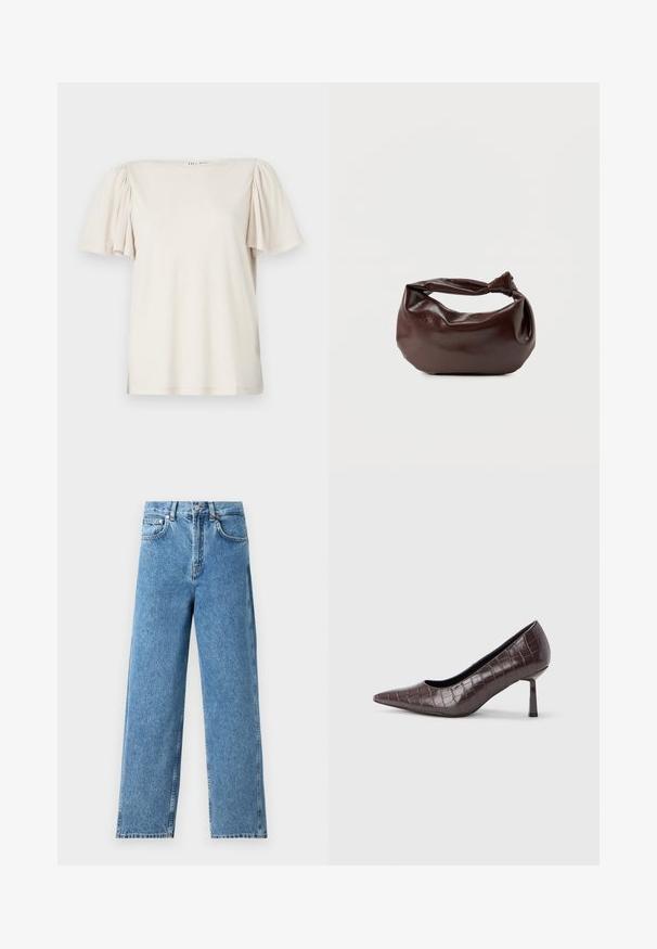 Camiseta corta de manga corta en color beige claro, con hombros abullonados y recogidos, escote cuadrado y un corte relajado en una suave tela texturizada.; Pantalones vaqueros de pierna recta de color azul claro, confeccionados en denim, con cintura alta, cierre frontal de botón y diseño de cinco bolsillos con costuras visibles.; Tacones puntiagudos de cuero sintético marrón con textura de cocodrilo, con un tacón delgado y angular y un forro interior suave.; Bolso de hombro de cuero marrón oscuro con una forma suave y caída, y un asa con nudo torcido sobre un fondo blanco liso.
