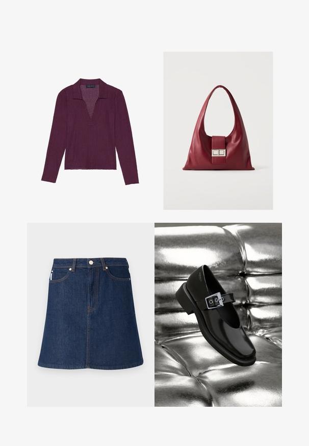 Haut à manches longues, décolleté en V profond, de couleur violet foncé, avec une texture côtelée et un col. Présente un design ajusté et une légère élasticité.; Jupe en denim bleu foncé à coupe évasée en A, dotée d'une fermeture éclair à l'avant, de cinq poches et de coutures orange contrastantes.; Chaussure Mary Jane en cuir noir avec un bout carré, un accent de boucle en argent et un talon bas épais, sur un fond argenté brillant.; Sac à main en cuir bordeaux doux avec une large bandoulière unique et un fermoir rectangulaire en métal argenté à l'avant.