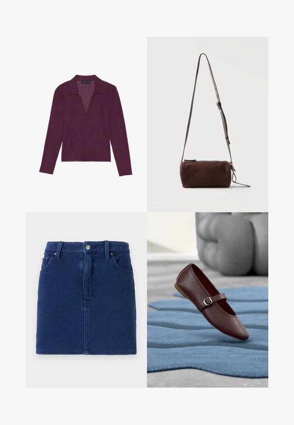 Haut à manches longues, décolleté en V profond, de couleur violet foncé, avec une texture côtelée et un col. Présente un design ajusté et une légère élasticité.; Jupe en denim bleu profond au design ajusté, fermeture par boutons à l'avant et deux poches sur les côtés. Présente des coutures visibles et un ourlet droit.; Une chaussure Mary Jane marron foncé avec une bride à boucle flotte au-dessus d'un tapis bleu texturé dans une pièce avec un coussin gris en arrière-plan.; Sac bandoulière cylindrique en daim marron foncé avec une fine sangle en cuir réglable et une fermeture éclair sur le dessus.