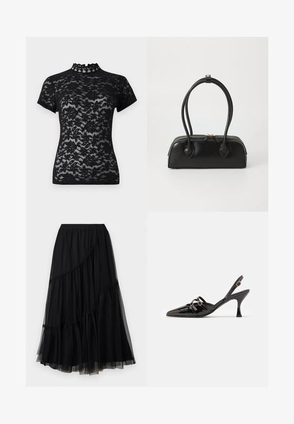 Musta pitsitoppi, jossa on korkea röyhelökaulus ja lyhyet hihat. Topissa on kukkakuosi ja läpikuultava rakenne.; TWINSET SKIRT - A-linjainen hame - nero; ALOHAS JOELLE ONIX - Avokkaat - black; Musta nahkainen käsilaukku, jossa on kaksi pitkää kahvaa, vetoketjulla suljettu ja pyöreä muoto; sileä pinta, jossa on hienovarainen kiiltävä viimeistely.