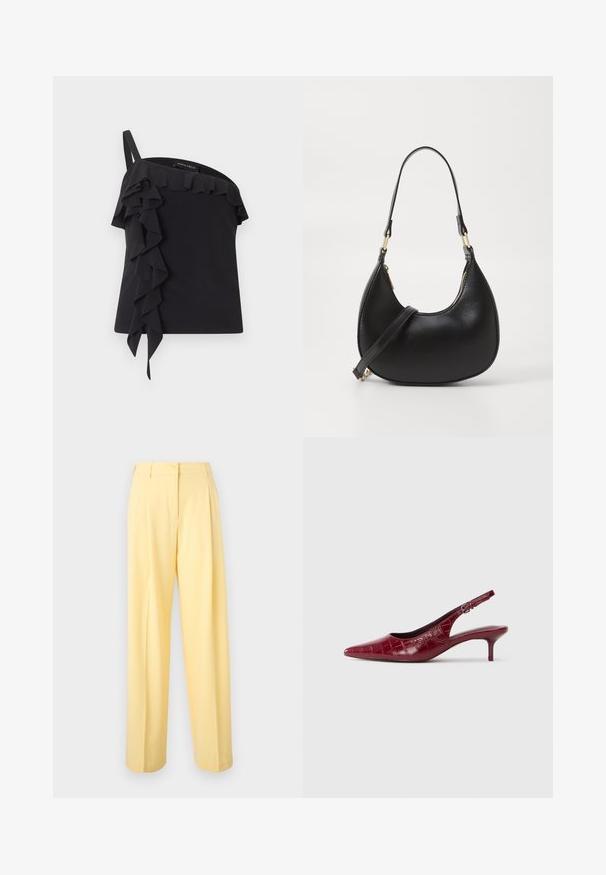 Haut noir asymétrique avec une seule bretelle et des volants qui tombent sur le devant et le long de l'encolure.; Pantalon taille haute jaune clair avec fermeture par bouton et zip, coupe droite jambes larges et devant plat.; Escarpin à talon kitten en cuir bourgogne avec texture crocodile, bout pointu, bride ajustable et talon bas sur fond blanc.; Sac à main en cuir noir avec une forme courbée, doté d'une fermeture à glissière en haut, d'une courte poignée et d'une bandoulière amovible. Accent en métal doré.