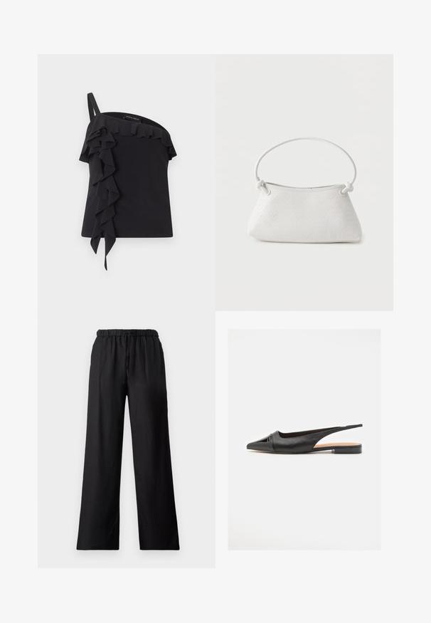 Haut noir asymétrique avec une seule bretelle et des volants qui tombent sur le devant et le long de l'encolure.; Pantalons larges noirs en tissu léger, dotés d'une taille élastique avec cordon de serrage et d'une texture lisse.; Ballerines à talon ouvert noires avec un bout pointu, dessus en cuir lisse avec des accents brillants, et un talon plat minimaliste.; Sac à main en cuir tressé blanc avec poignée arrondie et extrémités de lanière nouées, présenté sur un fond uni.