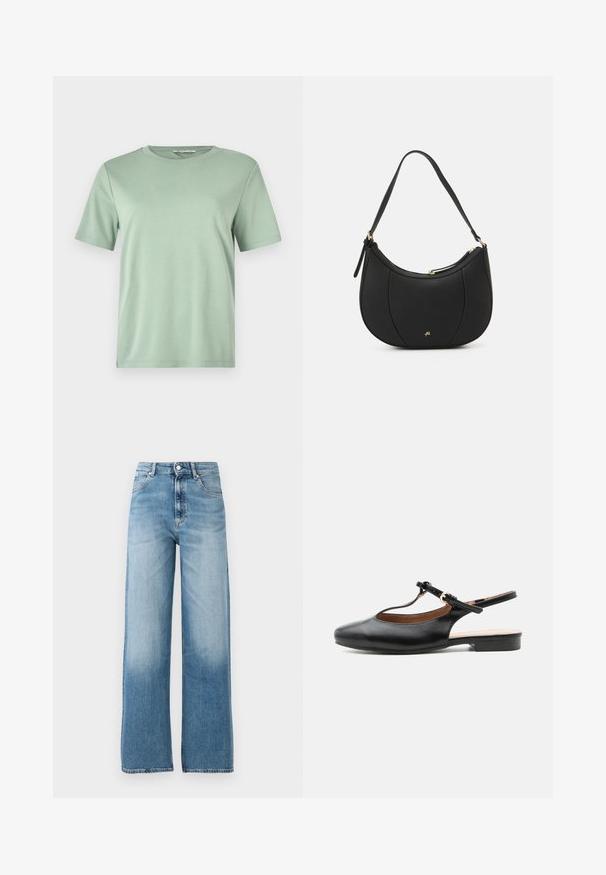 Muntgroene t-shirt met korte mouwen van zachte stof. Heeft een ronde halslijn en een relaxte pasvorm met een recht afgewerkt zoom.; Lichtblauwe, wijde jeans met een hoge taille. Gemaakt van denim, met een knoopsluiting en vijf zakken. Vervaagt naar de bodem toe.; Zwarte leren platte slingbackschoen met T-bandje en gouden gesp op een neutrale achtergrond.; Zwarte leren handtas met een gebogen vorm, textuuroppervlak, voornaden en een logo in goudkleur. Beschikt over een enkele verstelbare schouderband.