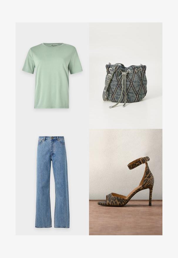Mintgrøn kortærmet t-shirt lavet af blødt stof. Har en rund halsudskæring og en afslappet pasform med lige skæring i kanten.; Lyseblå højtaljede lige jeans med frontknap, lynlås og femlomme-design på hvid baggrund.; Højhælet sandal med ankelrem og guldlås i leopardmønster, placeret oprejst på en grå overflade med sløret grønt baggrund.; Denim spandabeltaske med diamant quiltet mønster, grå snøring, sølv hardware detaljer og blød tekstur, med en aftagelig rem.