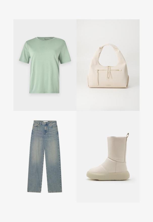 Mintgrøn kortærmet t-shirt lavet af blødt stof. Har en rund halsudskæring og en afslappet pasform med lige skæring i kanten.; Lyseblå højtaljede lige ben jeans i denim med forlommer, bæltestropper og synlig knap- og lynlåslukning.; Beige ankelstøvle med en glat læderoverflade, rund tå og en tykk, lys sål. Har en strop bagpå.; Beige læderhåndtaske med en buet skulderrem, der har en frontlomme med lynlås og diskrete guldindlæg. Glat tekstur og minimalistisk design.