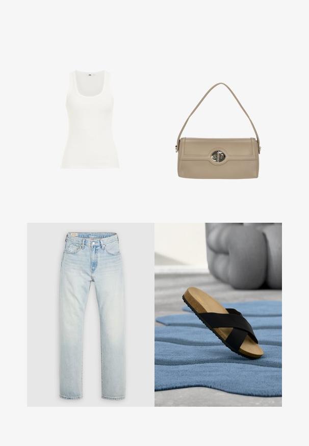 Hvid ribbet tanktop med rund halsudskæring og brede stropper. Stoffet ser strækbart og tætsiddende ud, velegnet til lag-på-lag eller afslappet brug.; Lyseblå denimjeans med straight-leg design, fem-lomme styling og en let falmet finish. Lukning med knap og lynlås.; Enkelt sort slidesandal med korkfodaftryk, der hviler på et tekstureret blåt tæppe, sløret stor peber i baggrunden.; Beige læderhåndtaske med en buet skulderrem, ovalt sølvdetalje og en glat, struktureret form.