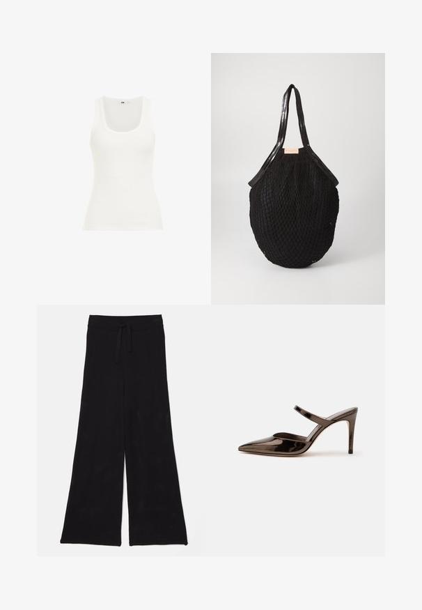 Hvid ribbet tanktop med rund halsudskæring og brede stropper. Stoffet ser strækbart og tætsiddende ud, velegnet til lag-på-lag eller afslappet brug.; Sorte, brede bukser lavet af netstof med en snoretræk i taljen. Teksturen er åndbar og let, velegnet til afslappet brug.; Skinnende mørkebrune mule med spids tå og høje hæle med en tynd rem over foden på en ensfarvet hvid baggrund.; Sort vævet tote taske med en oval form, prydet med glatte håndtag og et tekstureret netlignende design. Etiketten er synlig på siden.