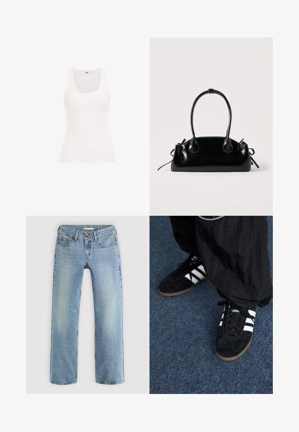 Top de tank blanco de canalé con escote redondeado y tirantes anchos. La tela parece elástica y ajustada, adecuada para superponer o para uso casual.; Jeans de pierna recta de color azul claro, confeccionados en denim, con cierre de botón, cinco bolsillos y un ligero desgastado a lo largo de las piernas.; Zapatillas deportivas de ante negro con tres rayas blancas y cordones negros. Un pantalón negro texturizado es parcialmente visible al lado de las zapatillas.; Pequeño bolso negro brillante con dos asas largas y detalles de cordón lateral sobre un fondo claro liso.