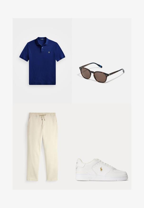 Tumedat navy-sinine polo-särk, mis on valmistatud pehmest puuvillast. Särgil on kolmesuunaline nööbistamine, lühikesed varrukad ja vasakul rinnal kollane logo.; Kreemjatavad vabaaja püksid elastse vöökoha ja tõmbluku, sirgete jalgade ja küljetaskutega tavalise tausta ees.; Valged madala säärega nahast tossud valgete nööpide ja külgedel kuldse Polo Ralph Laureni logoga ning "Polo" tallale reljeefselt pressitud.; Kilpkonnakilbiga päikeseprillid, tumedate pruunide läätsede, ruudukujuliste raamide, metallaktsentide ja mereväe siniste varreservidega, mille külje peal on logo.