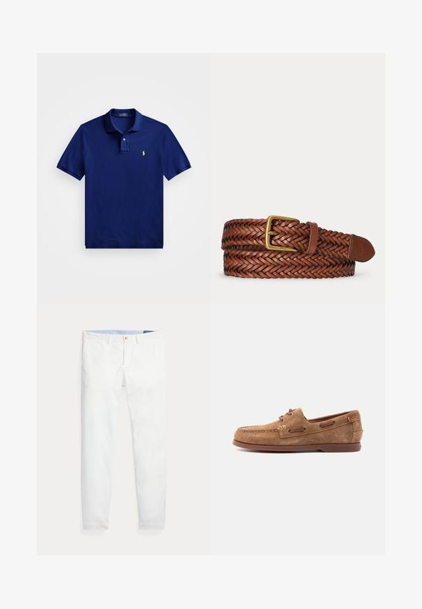 Tumedat navy-sinine polo-särk, mis on valmistatud pehmest puuvillast. Särgil on kolmesuunaline nööbistamine, lühikesed varrukad ja vasakul rinnal kollane logo.; Valged puuvillast chinos-püksid kitsas lõikega, millel on üks kuldne nööp kinnituseks ja hele sinine sisemine vöökoht. Sile tekstuur ilma mustriteta.; Pruun seemisnahast mokassiin nahast paeladetailide, õmmeldud varbaosaga ja lameda kummist tallaga, nähtud küljelt hele taust.; Punutud pruun nahkvöö messingist pandla ja nahast otsaga, rullitud valgel taustal.