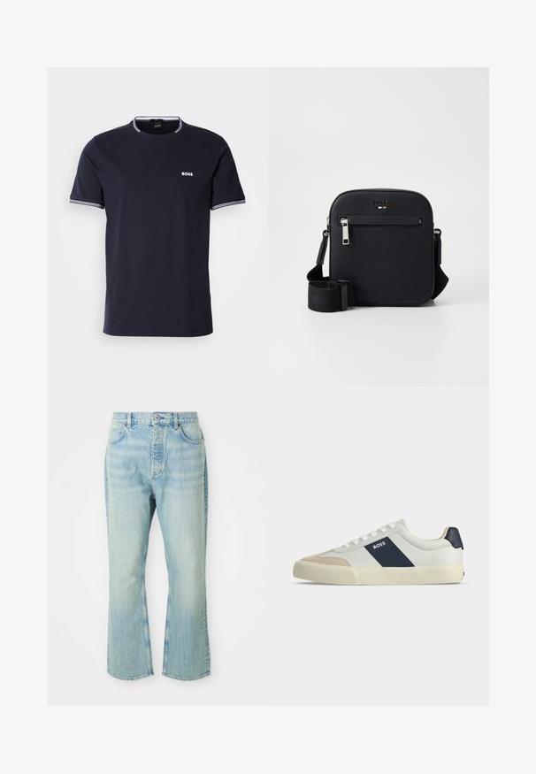 T-shirt en coton bleu marine avec un col rond, présentant des accents rayés blancs sur le col et les manches, et un petit logo blanc sur la poitrine.; Jeans évasés en denim bleu clair avec une taille haute, dotés de cinq poches, de passants de ceinture et d'une texture délavée.; Baskets basses blanches avec bout beige, bande latérale bleu marine marquée BOSS, lacets blancs et semelle en caoutchouc sur fond neutre.; Sac bandoulière en cuir noir avec une texture lisse, doté d'une poche zippée à l'avant, d'une sangle réglable et d'un design carré élégant.