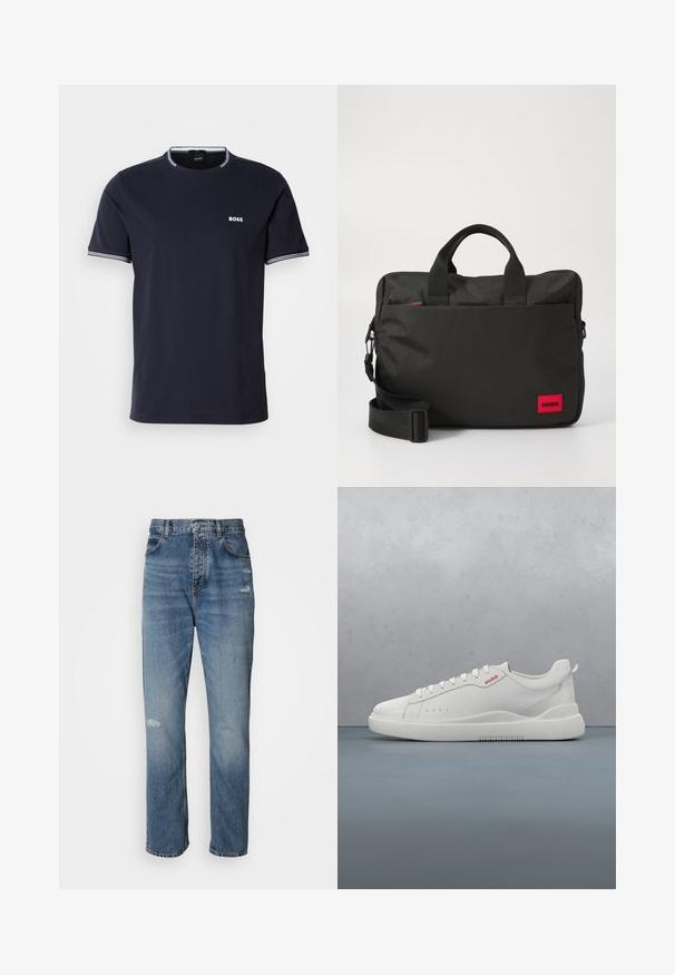 Navyn blå bomulds t-shirt med rund hals, der har hvide stribede detaljer på kraven og ærmerne samt et lille hvidt logo på brystet.; Lyseblå denim jeans med lige ben-design, der har en knap- og lynlåslukning, fem lommer og slidte detaljer ved knæet.; Hvide sneakers med en glat læderfinish, rund tå, fire snørehuller, subtile perforeringer og en rød logo detalje på siden.; Sort nylon laptoptaske med dobbelte topgreb, justerbar skulderrem, rød logoaccent og tekstureret frontpanel samt lynlåslukket hovedrum.