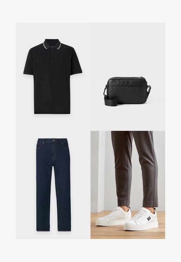 Camiseta polo negra de algodón, con una tapeta de tres botones, rayas de contraste en el cuello y un logotipo sutil en el pecho.; Jeans de mezclilla azul oscuro con corte recto, diseño de cinco bolsillos y costuras visibles. Presenta un cierre de botón en la cintura.; Zapatillas blancas con textura suave, punta redonda, suela plana y diseño minimalista, combinadas con pantalones grises a medida.; Bolso crossbody negro de textura con patrón geométrico en relieve y correa ajustable que presenta el logotipo de la marca.
