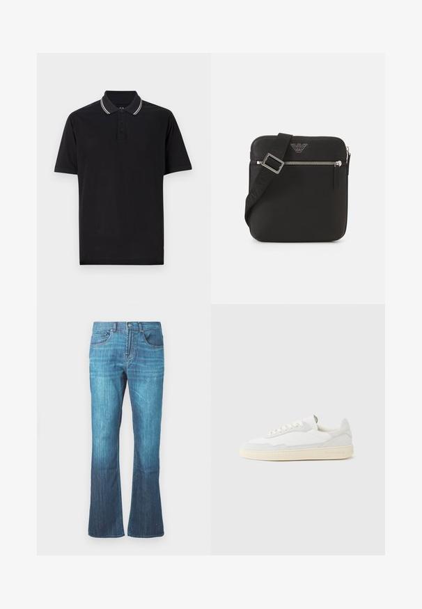 Must must shirt, mis valmistatud puuvillast, sisaldab kolme nupu plaanitust, kontrastset kaelarihmastriipi ning diskreetset logo rinnal.; Keskseeblue denim päevapüksid, mille alumine osa on veidi laiem, klassikaline viie tasku disain ning ees nupp ja luku sulgemine.; Valge tennisejalanõu, mille ülemine osa on valmistatud tekstuurse seemisnahast ja nahast. Omab ümarat ninaosa, paeltega sulgurit ja kontrastset beeži kummist tallaga.; Musthave mustriga kott, mis on valmistatud tekstureeritud kangast. Omab lukuga peamist sektsiooni, reguleeritavat rihma ning esiosas on embosseeritud logo detail.