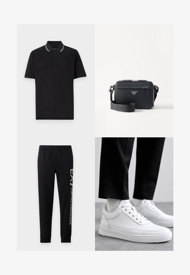 Must must shirt, mis valmistatud puuvillast, sisaldab kolme nupu plaanitust, kontrastset kaelarihmastriipi ning diskreetset logo rinnal.; Mustadest puuvillasegustest dressipükstest, millel on elastne vöökoht, kitsenevad säärte ning ribatsoonidega mansetid ja valge logo trükk külgmisel osal.; Valged nahast tennisetossud, millel on lame kummist tallapool, sile viimistlus, ümar varvas ja metallist silmadega paelte jaoks. Kantud mustade pükstega.; Must musta õlakott, mis on valmistatud tekstuuritud materjalist. Omab tõmbluku sulgemist, esimest tõmblukuga taskut ja metallist logo aktsenti. Kaasas on reguleeritav rihm.
