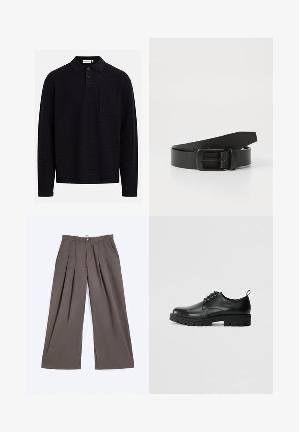 Polo noir à manches longues avec un motif en zigzag texturé, une patte à deux boutons et une poche sur la poitrine gauche. Confectionné dans un matériau doux.; Pantalon marron à jambes larges avec plis, passants de ceinture, fermeture par bouton et poches latérales, posé à plat sur un fond blanc.; Chaussure en cuir noir à bout arrondi, présentant un design à lacets, une semelle en caoutchouc noire robuste et un petit onglet de talon à l'arrière.; Ceinture en cuir noir avec une boucle en métal noir mat, présentant une texture lisse et un design simple. Longueur réglable avec une extrémité effilée.