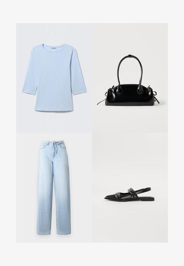 Chemise bleu clair à manches longues avec col rond, design uni, et étiquette "WEEKDAY" au dos du col.; Jean large taille haute bleu clair avec poches avant et fermeture à lien à nouer.; Even&Odd Ballerines à brides arrière - black; Petit sac à main noir brillant avec deux longues anses et des détails à cordon sur les côtés sur un fond clair uni.