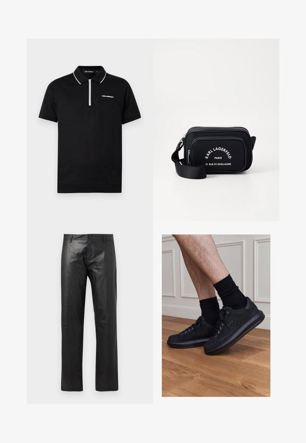 Polo noir à manches courtes avec bordure blanche sur le col et les manches, fermeture éclair à moitié devant et logo "KARL LAGERFELD" sur la poitrine.; Pantalon en cuir noir à jambes droites avec bouton à l'avant et passants pour ceinture, présenté sur un fond blanc uni.; Personne portant des baskets noires à lacets et des chaussettes noires debout sur un sol en bois contre un lambris blanc.; Sac bandoulière en nylon noir avec texte et logo blancs, doté d'un compartiment zippé et d'une sangle ajustable. Forme rectangulaire avec texture lisse.