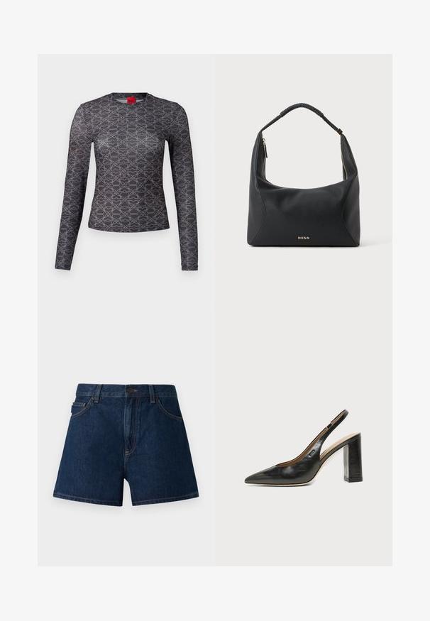 Chemise à manches longues en noir et gris avec un motif géométrique. Caractéristiques : col rond et détail de logo à l'avant et à l'arrière. Texture lisse.; Shorts en denim bleu foncé. Ils présentent une coupe classique avec une ceinture, des poches avant et des coutures visibles. Texture lisse, design minimaliste.; Chaussure slingback en cuir noir à bout pointu avec un talon bloc haut et une doublure intérieure beige sur un fond clair uni.; Sac à épaule en cuir noir avec anse tressée, détail de fermeture éclair dorée et petit logo "HUGO" doré au centre à l'avant.